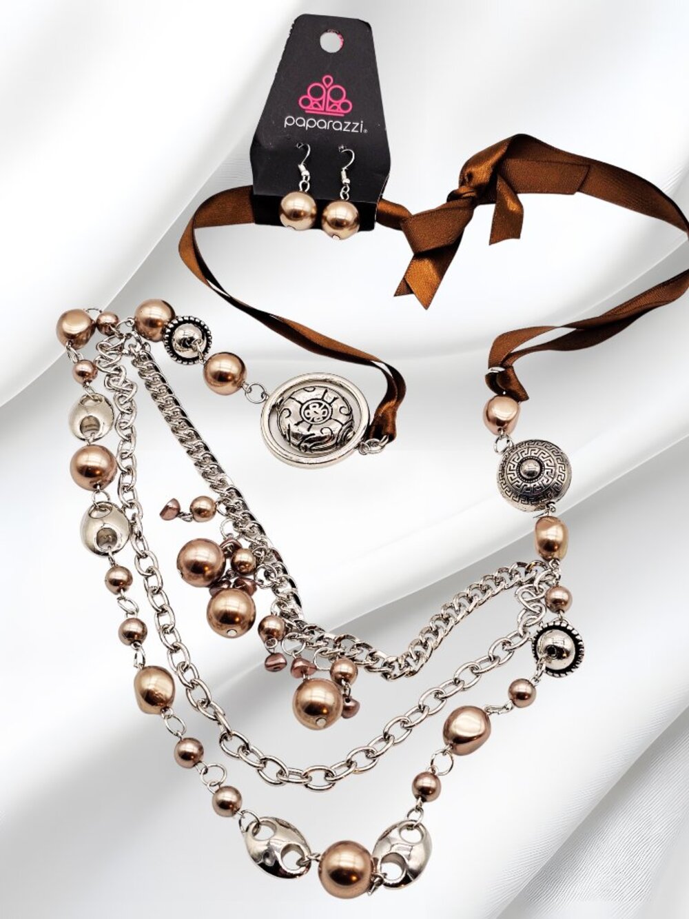 Paparazzi Layered Necklace & Earrings Set Champagne Bronze Mixed Metal